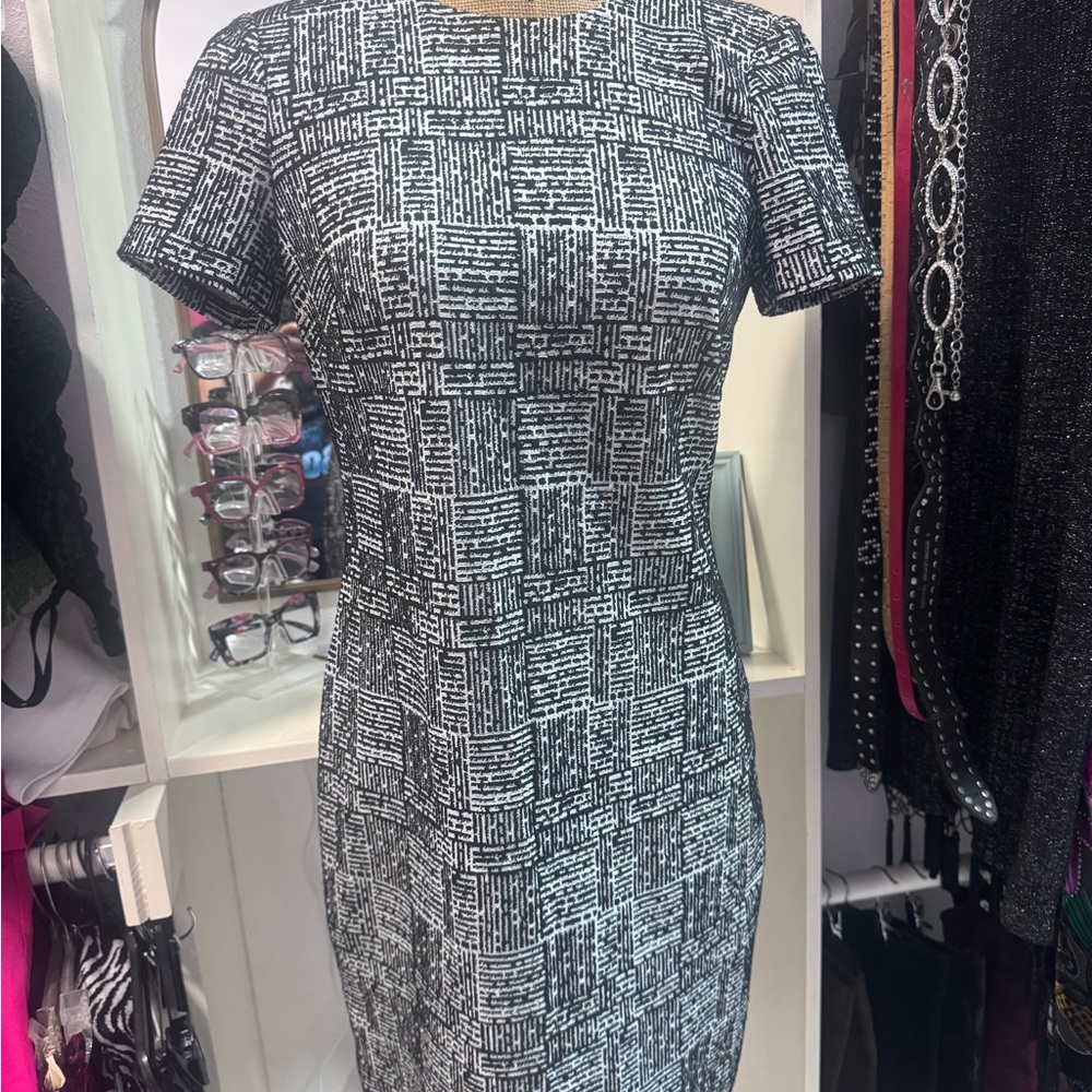 Calvin Klein Black and White Geometric Midi Dress